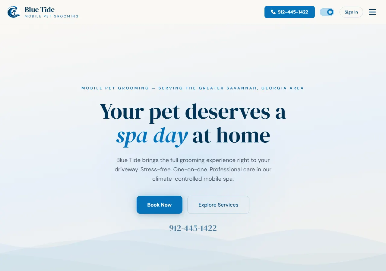 Home page of Blue Tide Mobile Pet Grooming at bluetidepetgrooming.com
