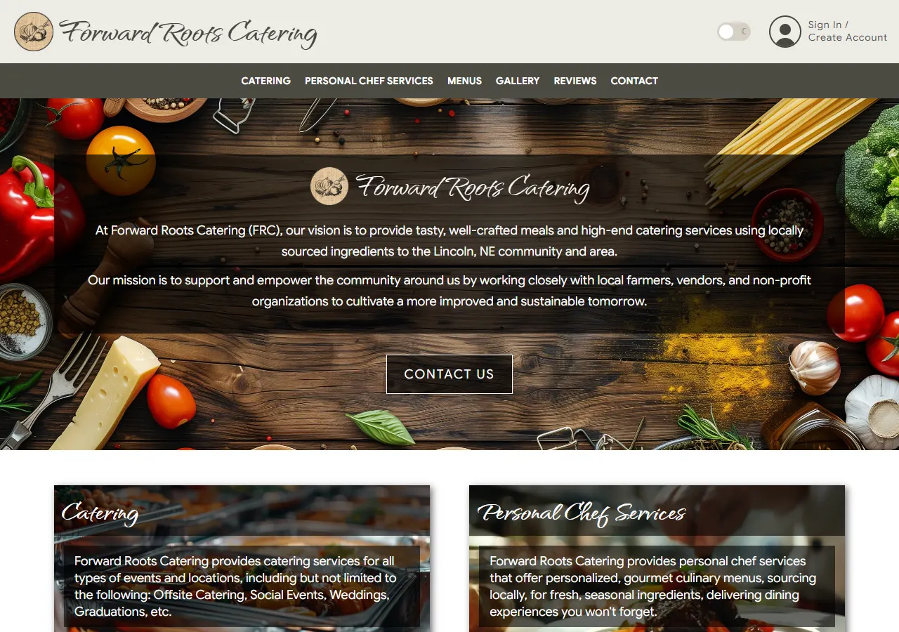 Home page of Forward Roots Catering at forwardrootscatering.com